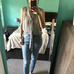 LOFT Womens Sleeveless Grey Polka Dot Tie Neck Blouse Top Size M‎